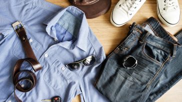 flat lay of men casual fashion outfits on wooden b p8xwehx