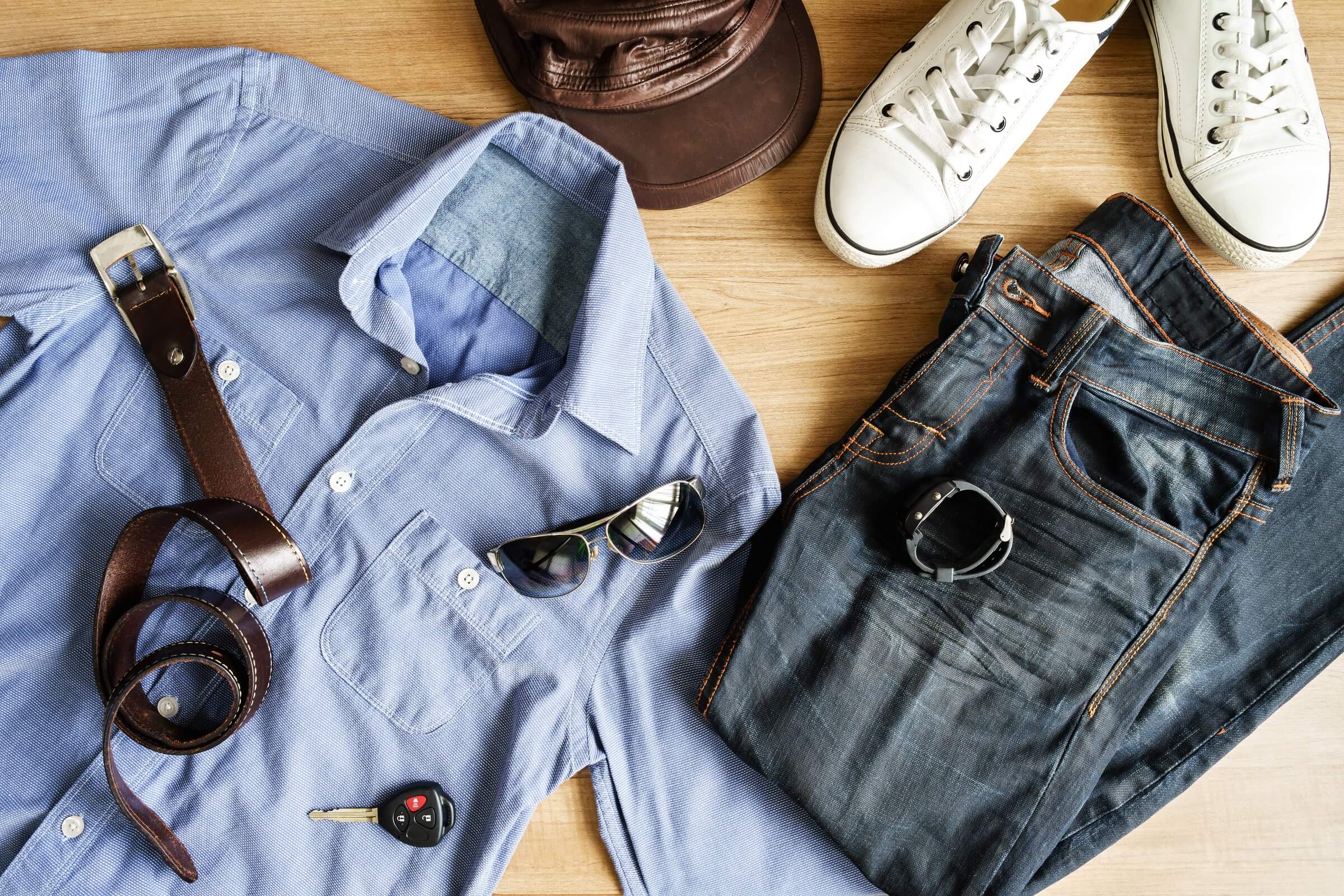 flat lay of men casual fashion outfits on wooden b p8xwehx