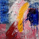 Dynamic abstract acrylic painting in vibrant colors with bold brushstrokes on canvas.