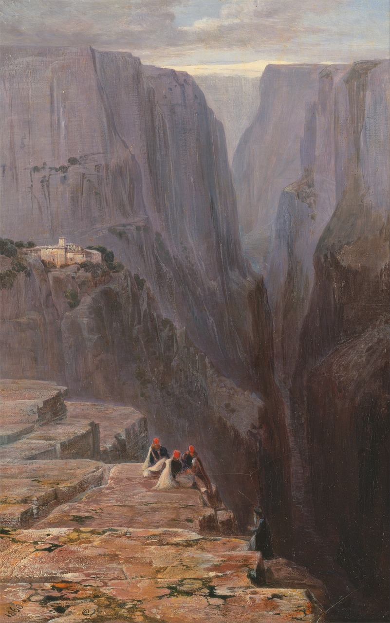 edward lear, painting, oil on canvas, artistic, nature, outside, sky, clouds, landscape, mountains, ravine, gorge, people, buildings